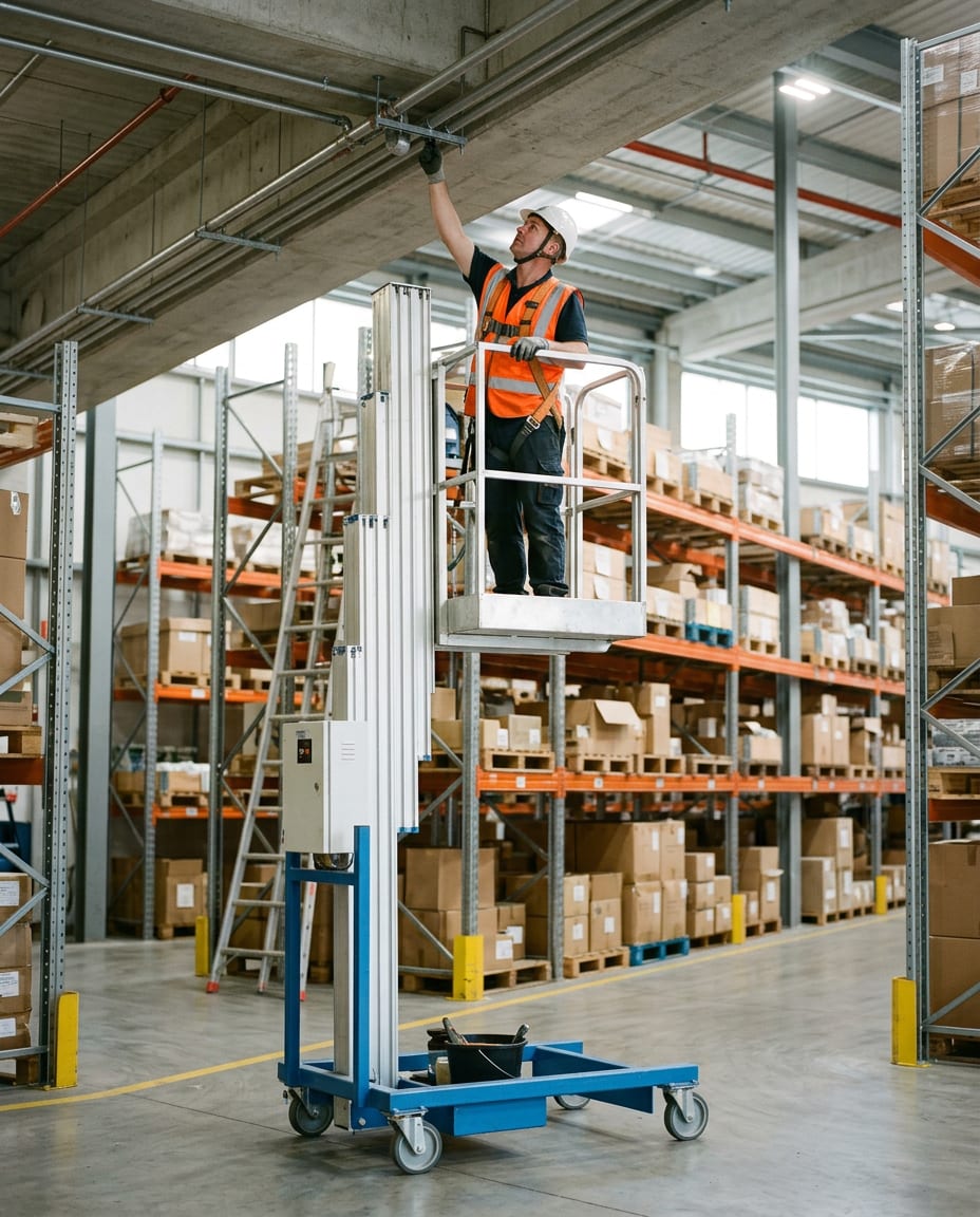 A light mast lift in a warehouse aisle, a worker on its platform reaching a pipe under the ceiling while a ladder leans nearby