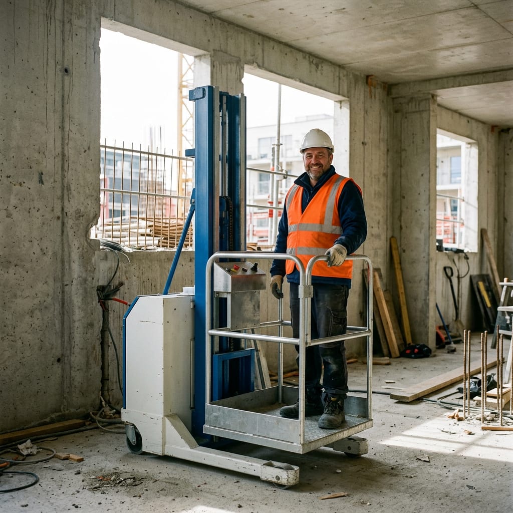 A smiling operator in a hi-vis vest and white helmet standing on the platform of a compact white and blue lift inside a concrete building shell