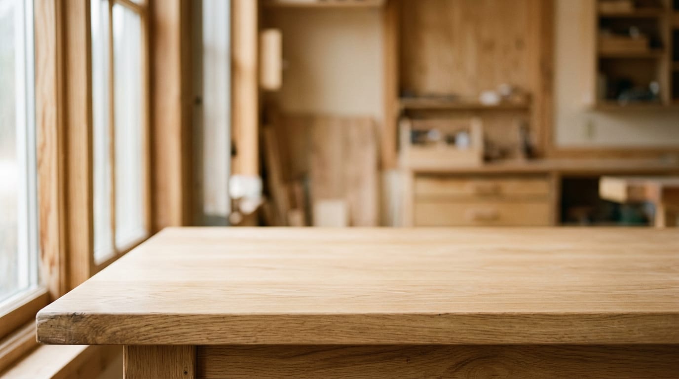 A warm oak workbench in a bright joinery workshop