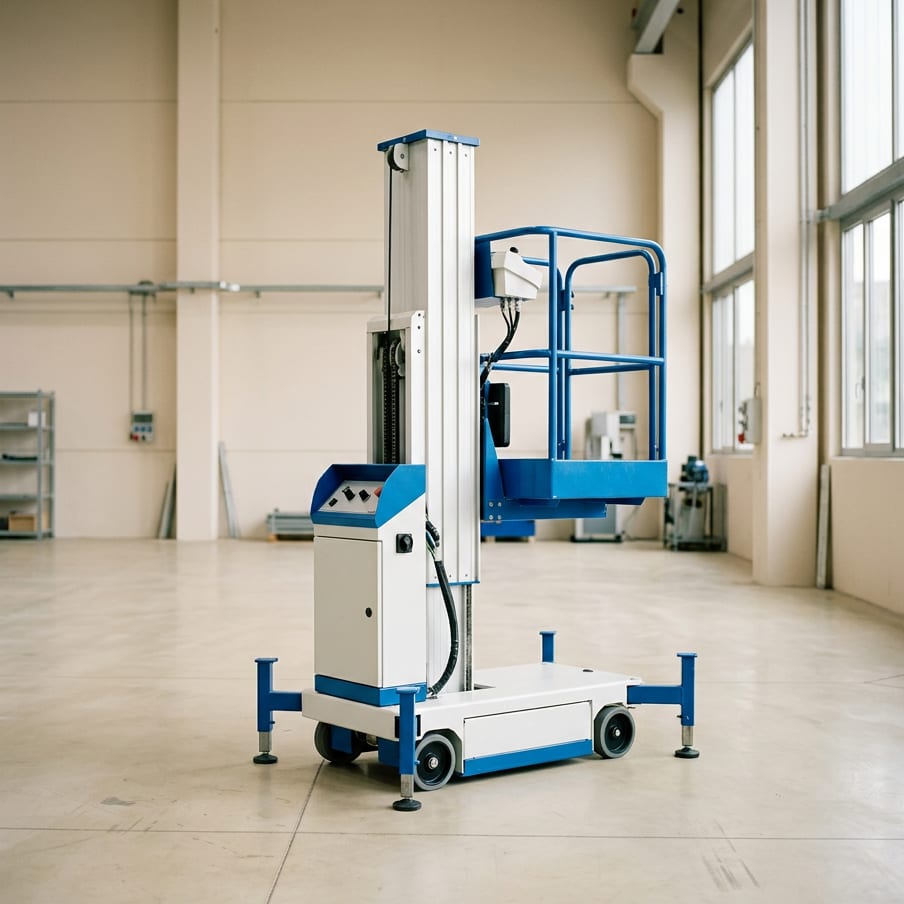 A white and blue single-mast lift standing in a bright empty hall with tall windows